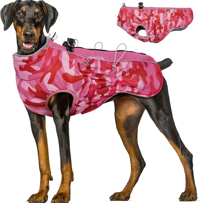 Dog Coat Winter Warm Dog Jackets for Large Dogs Reflective Snowsuit with Harness Fleece Dogs Snow Jacket Waterproof Pet Clothes for Cold Weather