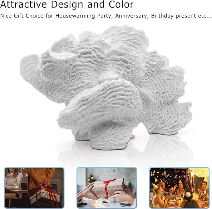 White Coral Statue - Faux Coral Decor Resin Sea Reef Sculpture Tabletop Decoration for Home and Coastal Living