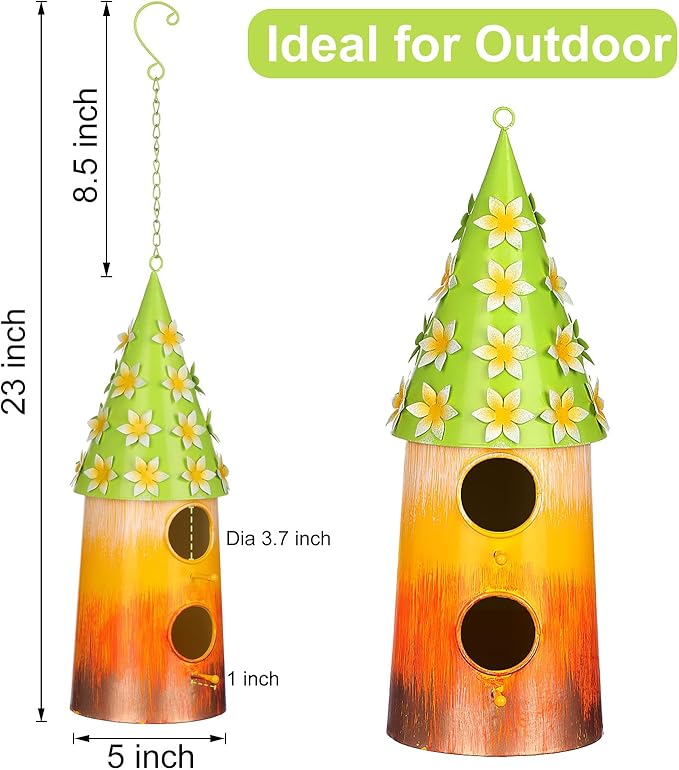 BAYN Hanging Bird House for Outside, 2 Story Double Hole Metal Birdhouse for Outdoor Hanging Handwork Bird Nest Decorative Garden Decor Outdoor