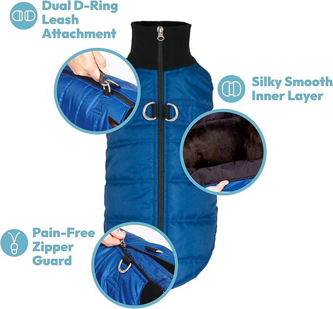 Gooby G21 Bomber Dog Jacket - Turquoise, X-Small - Winter Waterproof Zip Up Dog Sweater with Dual D Ring Leash
