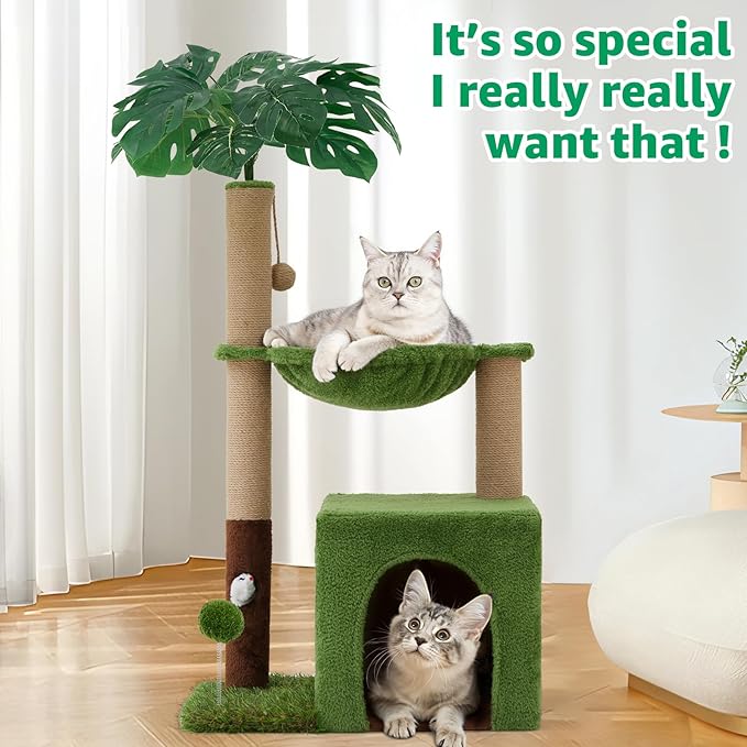 37" Cat Tree Tower for Indoor Cats，2-in-1 Multi-Functional Comfort with Premium Sisal Scratching Post, Cat Cando with Mouse Hole and Plush Toy Ball Large Hammock for Kitty or Small Cats