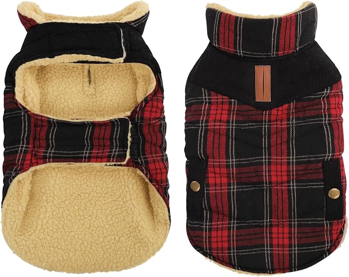 Queenmore Dog Winter Coat Warm Dog Jacket for Cold Weather, Quilting Puffer Plaid Coats for Small/Medium Dogs Waterproof,Girl/Boy Pet Christmas Coat,Pet Snowsuit with Leash Hole/Fleece Padding, XL