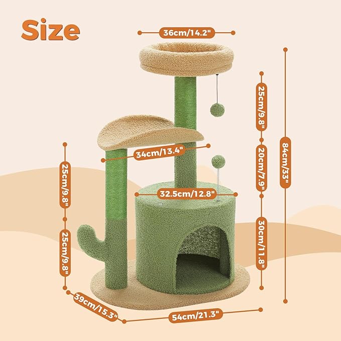 PAWZ Road Cactus Cat Tree Small Cat Tower 32” Cat Scratching Post with Curved Perch, Cozy Cat Condo, Removable Padded Top Bed for Kittens and Indoor Cats-Green