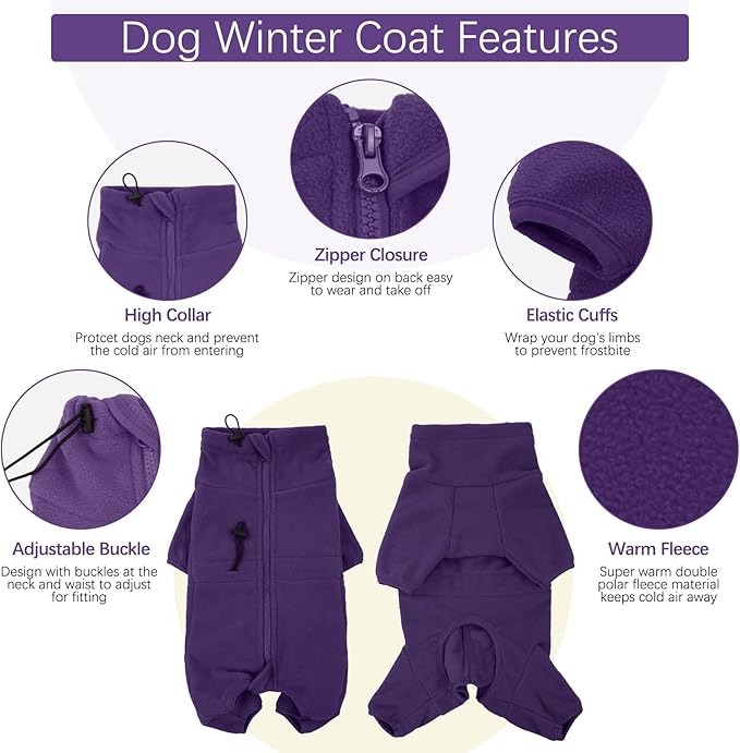 ROZKITCH Dog Winter Coat Soft Fleece Pullover Pajamas, Pet Windproof Warm Cold Weather Jacket Vest Cozy Jumpsuit Apparel Outfit Clothes for Small Medium Large Dog Walking Sleep Purple 3XL