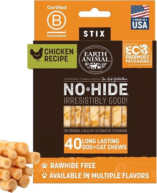 Earth Animal No-Hide Stix Chicken Recipe Natural Rawhide Alternative Dog & Cat Chews - 40 Count Extra Value Pack