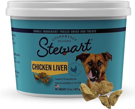 Stewart Single Ingredient Freeze Dried Raw Dog Treats, Chicken Liver, 1.5 Ounce, Approx. 25 Pieces per Resealable Tub, Training Treats or Meal Topper, High Protein, Grain Free, Gluten Free