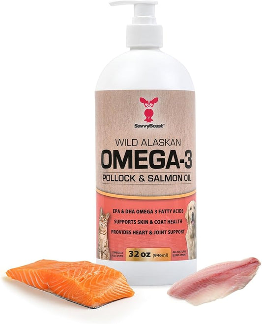 SavvyBeast Pollock and Salmon Oil for Dogs & Cats – Omega-3 Fish Oil Supplement for Pets – Supports Skin & Coat, Joints, Itch Relief, Immune Boost & Heart Health – Wild-Caught & All-Natural – 32 oz