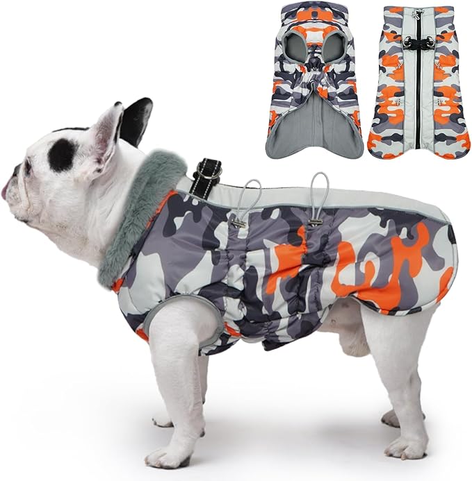 Dog Coat for Large Dogs, Dog Winter Jacket-X Large Warm Dog Coat with Harness Reflective Dog Vest Water-Resistant Dog Snowsuit Dog Snow Jacket for Large Dogs Beagle, Corgi, Orange-Camouflage