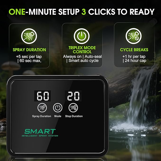 Reptile Humidifier Reptile Mister System with Timer & 360° Nozzles, Chameleons, Snakes, Frogs Misting for Terrarium, Auto Misting for Terrariums, Adjustable Nozzles & Quiet Operation