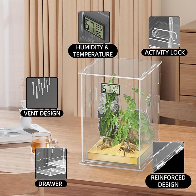 Reptile Terrariums, with Temperature Hygrometer, 7.1"x7.1"x11.8" Acrylic Reptiles Breeding Box Terrarium Cage Tank for Small Reptile Insect Home Office (Arboreal Large)