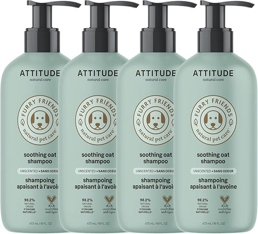ATTITUDE Soothing Oatmeal Shampoo for Cat and Dog, Plant and Mineral-Based Ingredients, Vegan and Cruelty-Free Products for Pet, Soothing, Unscented, 16 Fl Oz (Pack of 4)