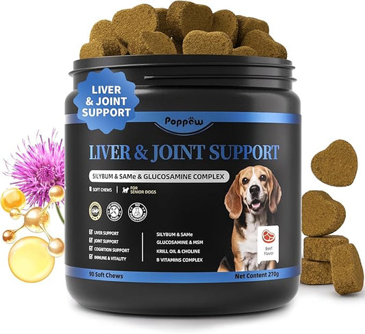 Liver Health Supplement for Senior Dogs - Joint Health Support with Silybum Marianum, Same, Krill Oil, Glucosamine, B Vitamins Complex, MSM, Choline for Old Dogs, Beef Flavor - 90 Soft Chews