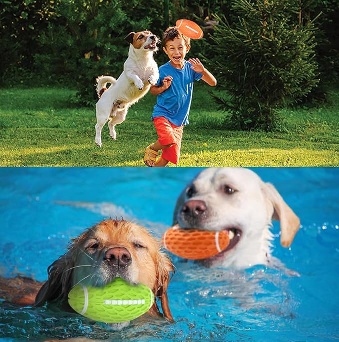 AUSCAT Squeaky Dog Football Toy for Aggressive Chewers, Tough Rubber Dog Ball for Medium Large Dogs, Green, Large, 5.5"