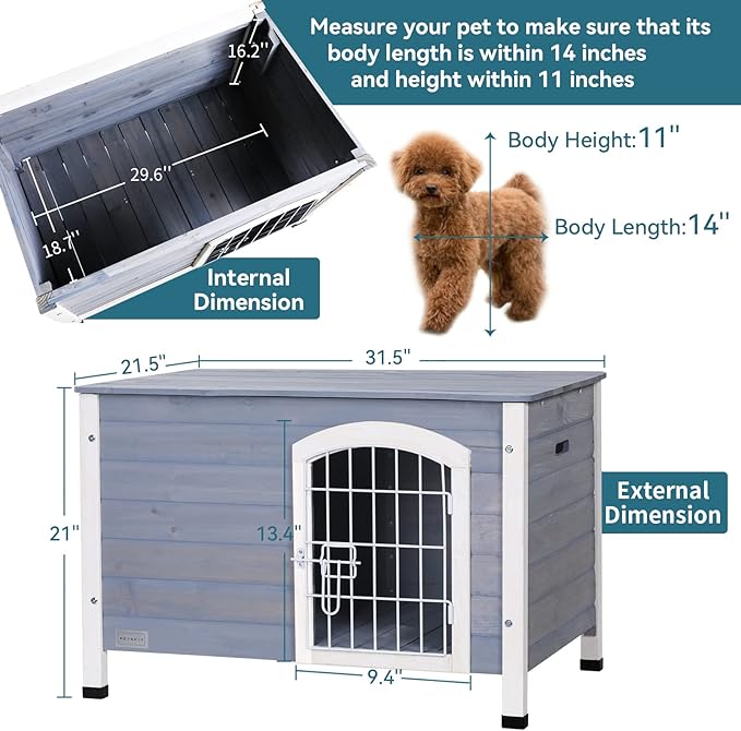 Petsfit 31.5” Indoor Dog House with Lockable Iron Door, Wooden Dog Houses for Indoor Dog with Elevated Floor