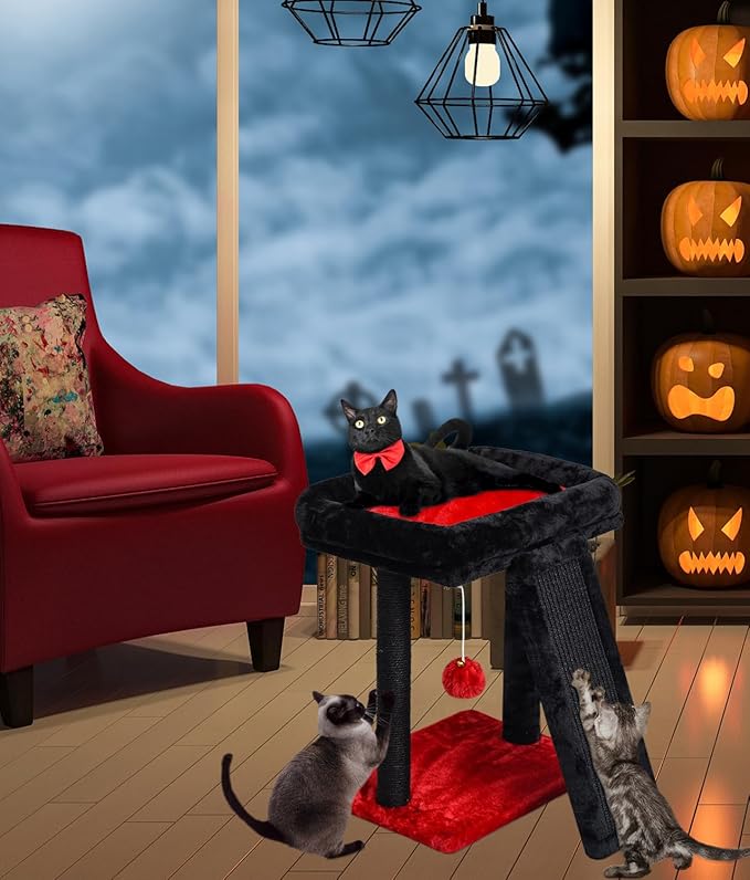 SYANDLVY Small Gothic Cat Tree for Indoor Cats, Scratching Board with Perch, Cat Scratching Post for Adults, Cat Post Scratcher, 2 Dangling Balls Great for Kittens