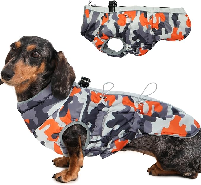 Dog Coat Dog Winter Jacket-Large, Warm Dog Coat Zip Up Snowsuit Dog Harness Vest Reflective Water-Resistant Dog Coat Dog Snow Jacket for Large Dogs French Bulldog, Pug, Orange-Camouflage