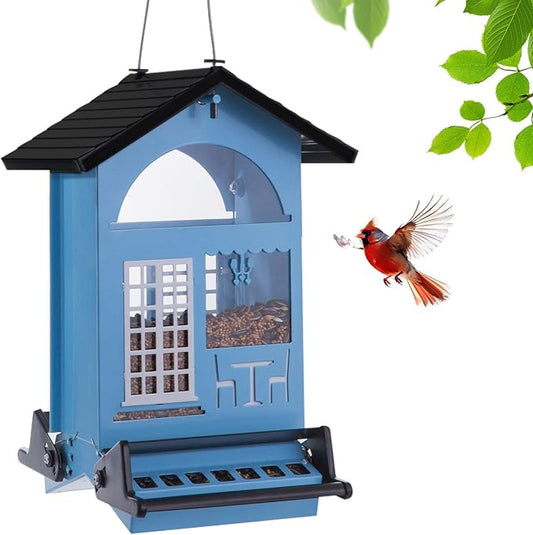 Bird Feeders for Outdoors Squirrel Proof Hanging Metal Bird House Feeder for Outside Anti Squirrels for Wild Birds Cardinal Finch Chickadee 5 LB Large Capatial Heavy Duty & Dualbe, SkyBlue