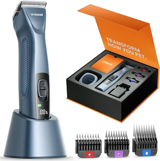 oneisall Grandmaster Pro 1 Cordless Professional Dog Grooming Clippers, 2-Speed Dog Clippers for Grooming Heavy Duty/Thick Hair, Detachable Carbonized Steel Blade Metal Combs, Removable Battery