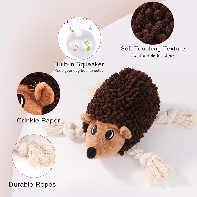 Dog Squeaky Toys for Dogs - Hedgehog Mop Plush Interactive Rope Toy, Durable Chew Toy with Squeaker and Crinkle for Small to Large Dogs, Tug of War Pet Toy for Puppies & Aggressive Chewers
