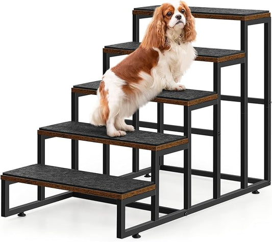 Pet Stairs for High Bed & Couch - 5 Steps Non-Slip Dog Stairs for Small Dogs & Older/Injured Pets, Brown