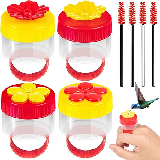 Hand Held Hummingbird Ring Feeders, 4Pcs Mini Hummingbird Hand Feeder with 4Pcs Cleaning Brush, Window Humming Wild Bird Feeders Tools for Outdoors Supplies