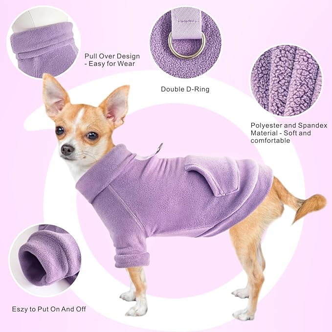 Idepet Fleece Dog Sweater 2 Pack, Winter Dog Clothes Turtleneck Sweatshirt Cat Apparel with Leash Ring, Pink, Purple, Large