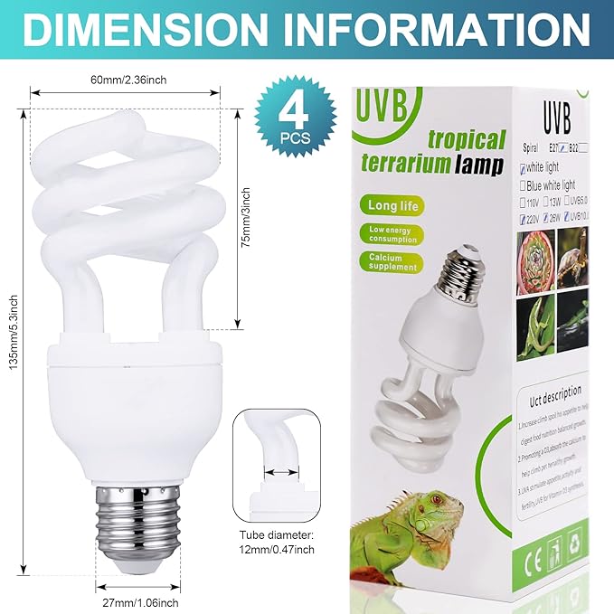 Reginary 4 Pcs Uvb Reptile Light 10.0 13 W, Reptile Uvb Bulb for Desert Tropical Sub Tropical Reptiles Fluorescent Simulation Color Reptiles Light for Turtle, Bearded Dragon, Lizard, Gecko