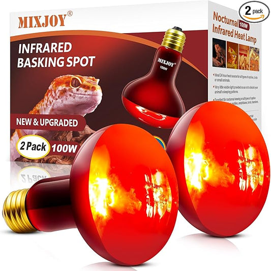 MIXJOY 100W Infrared Heat Lamp Bulbs, 2 Pack Reptile Infrared Heat Emitter Red Heat Lamp Bulbs Infrared Basking Light Bulbs for Reptiles, Bearded Dragon, Lizard, Tortoise, Chickens, Pets