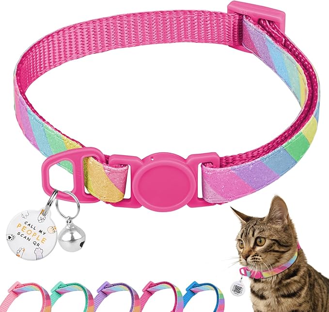 Cat Collar Breakaway with QR Code Name Tag, Glitter Kitten Collars with Bell, Cat Tags Personalized, Ultra-Durable, Comfortable, Quick Release, Fits Most Girl Boy Cats and Puppies (8"-13.5")