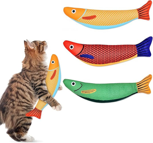 Cat Toys, 3-Pack Catnip Toys for Cats, Soft and Durable with Rattle Sound, Interactive Kitten Toys for Indoor Cats, 9.4 Inches, Saury Fish Cat Chew Toy for All Breeds (Saury Fish，Mix Color)