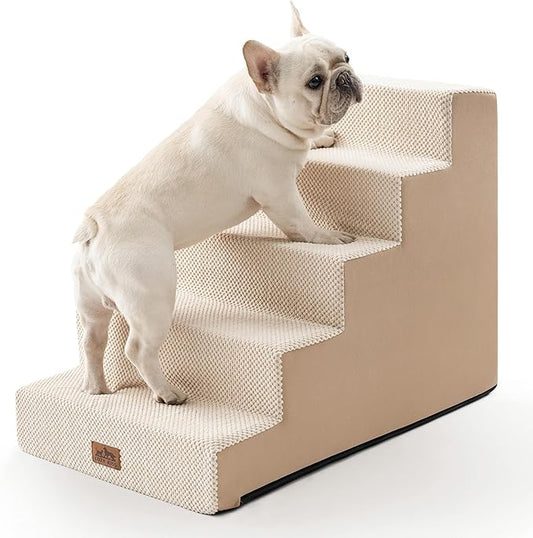 Dog Stairs for Small Dogs, 5 Tier Wider Pet Stairs for High Beds, 23.6" H Non-Slip Dog Steps for Old Cats, Puppies, Small Medium Dogs, 29.5x19.7x23.6 inch, Beige