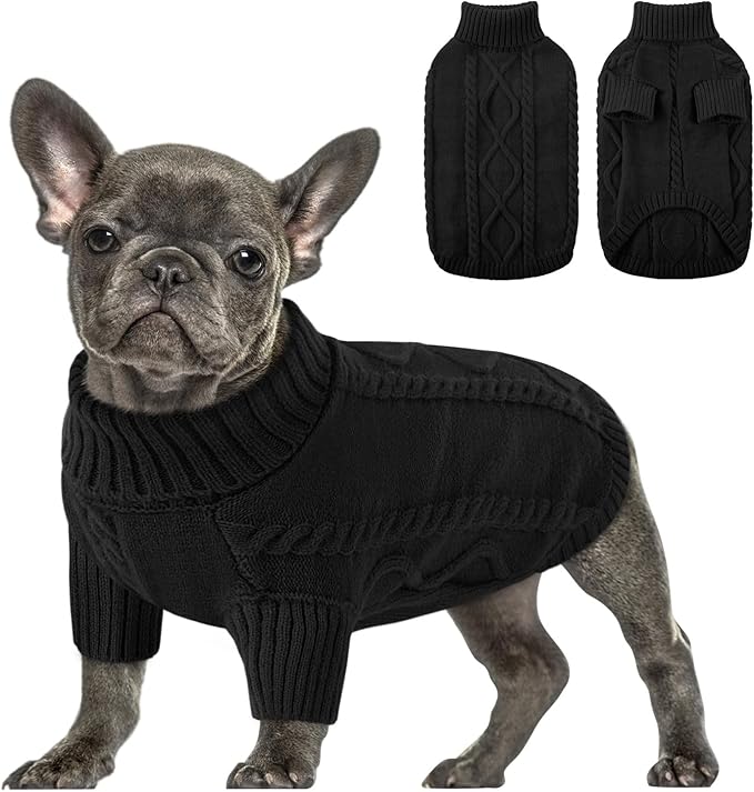 Queenmore Small Dog Pullover Sweater, Cold Weather Cable Knitwear, Classic Turtleneck Thick Warm Clothes for Chihuahua, Bulldog, Dachshund, Pug (Black, Small)