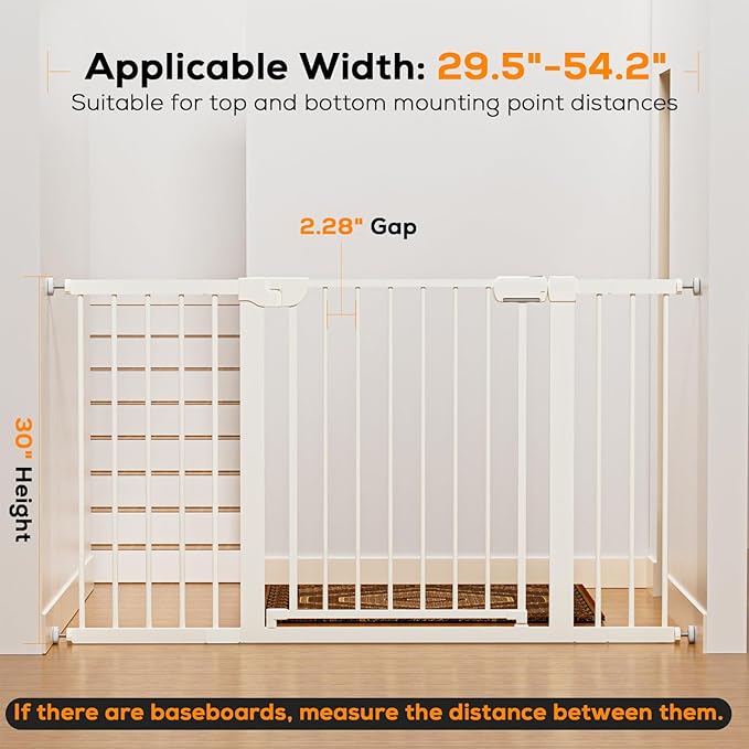 29.5-54.2" Baby Gate for Stairs, Pressure Mounted Dog Gate Indoor, Auto Close Pet Gate for Doorways No Drilling, Easy Install Baby Essentials with Large Walk Thru Door, White