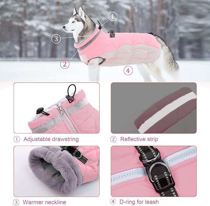 Lelepet Dog Coat Warm Dog Winter Coat Waterproof Dogs Jacket with Harness Built in Reflective Pet Fleece Vest Zip-Up Cold Weather Coats for Large Dogs Turtleneck & Windproof Coats Boston Terrier Pink