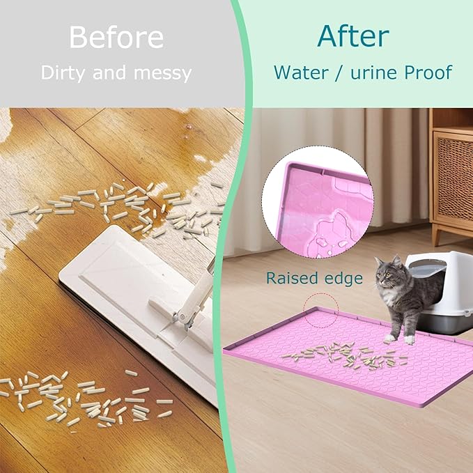 Cat Litter Mat, Silicone Large Cat Mat for Litter Box - 34x22 in, Waterproof & Non-Slip, Durable & Easy Clean, Pink