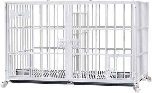 Dosker 42 inch Heavy Duty Metal Dog Crate Cage with Divider for 2 Dogs/Large Dog,All Metal Open Top Escape Proof Cage,Kennel Indoor with Wheels,2 Tray,Feeding Bowl(White)