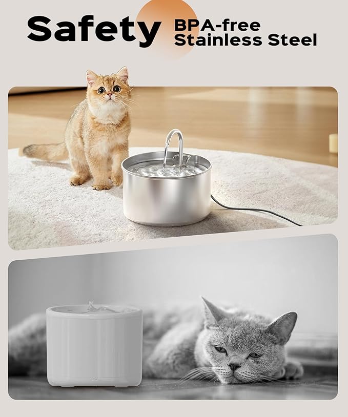 Cat Water Fountain Stainless Steel + 6 Filters + 3 Sponges - Pet Water Fountain 24/7 Keep The Water Fresh 74oz Capacity Ultra-Quiet No Sputter Compact Easy to Clean