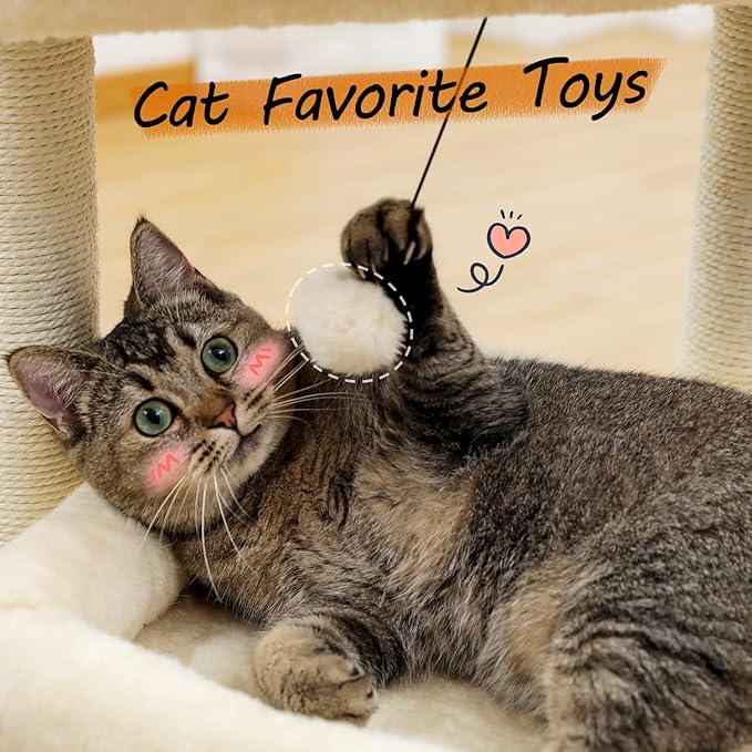 27" Cat Tree for Medium Cats, Cat Tower with Large Top Perch, Full Wrapped Natural Sisal Scratching Posts for Indoor Cats with Spacious Condo & Toy Ball, Beige