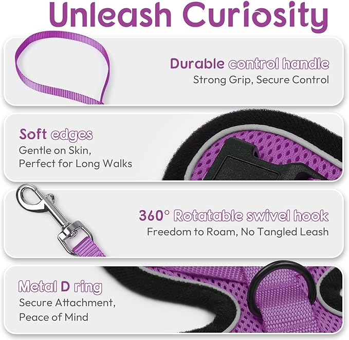 Dooradar Cat Harness and Leash Set, Escape Proof Safe Adjustable Kitten Vest Harnesses for Walking, Easy Control Soft Breathable Mesh Jacket with Reflective Strips for Cats, Purple, S