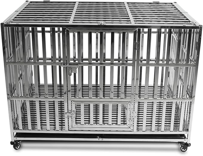 47 INCH Heavy Duty Dog Cage Stainless Steel Pet Crate Kennel with Lockable Wheels & Removable Trays for Large and X-Large Dogs (Stackable)