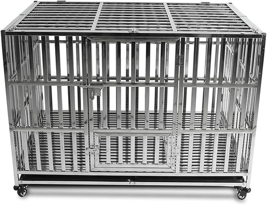 47 INCH Heavy Duty Dog Cage Stainless Steel Pet Crate Kennel with Lockable Wheels & Removable Trays for Large and X-Large Dogs (Stackable)
