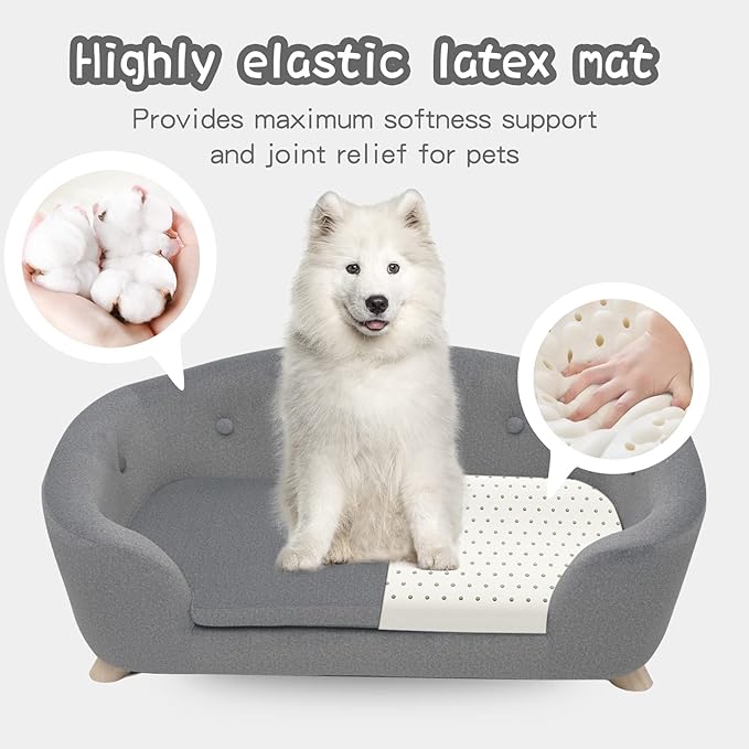 SHAVI Large Dog Couch, 35" Wide Pet Sofa for Large and Medium Dogs with Removable Mattress Cover, Luxury Raised Dog Couch Velvet Lounging Bed with Anti-Slip Bottom(Grey)