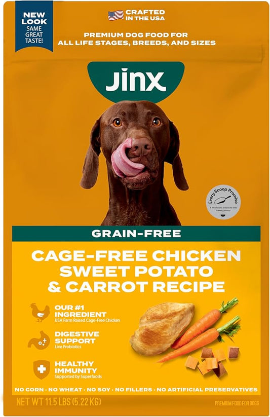 Jinx Premium Grain-Free Dry Dog Food, for All Lifestages - Real Chicken, Sweet Potato & Carrot Kibble with Superfoods for Immune Support & Probiotics for Digestive Support - No Fillers - 11.5lb