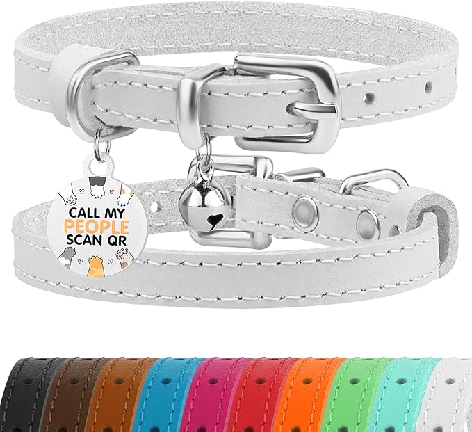 BRONZEDOG Leather Cat Collar with Removable Bells Non Breakaway Kitten QR Tag for Girl Boy (7" - 9" for Cats, White & Silver)