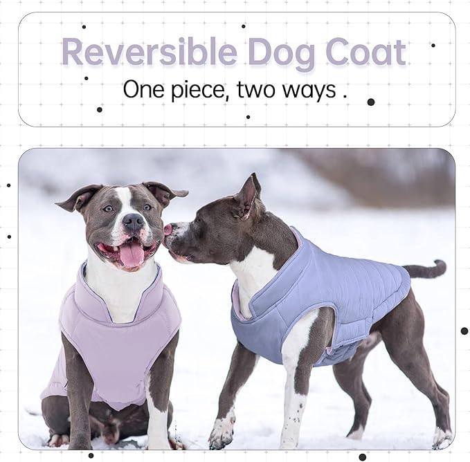 Lelepet Reversible Dog Coat Lightweight Warm Dog Jacket Padded Vest Windproof Cold Weather Coat Sonwsuit with Hook & Loop Leash Hole Coats for Large Dogs, Non-Shedding, Easy on/Off, Purple, XXL