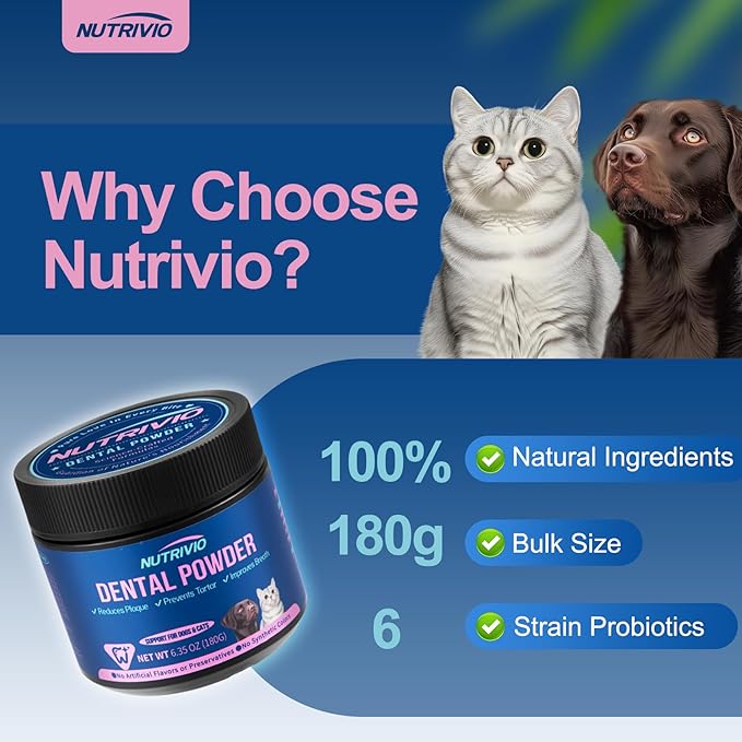 Dental Powder for Dogs & Cats - Teeth Cleaning for Dog Breath Freshener, Plaque and Tartar Remover, 5 Strains of Probiotics and Natural Ingredients, Dental Care for Dogs - 6.35oz(180g)