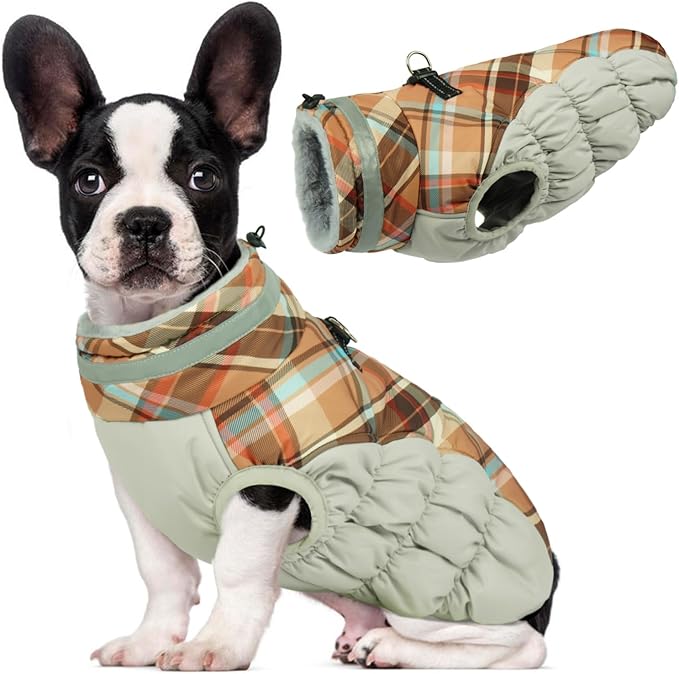 Lelepet Dog Coat Warm Dog Winter Coat Waterproof Dogs Jacket with Harness Built in Reflective Pet Fleece Vest Zip-Up Cold Weather Coats for Small Dogs Turtleneck & Windproof Coats Yorkie Brown Plaid S
