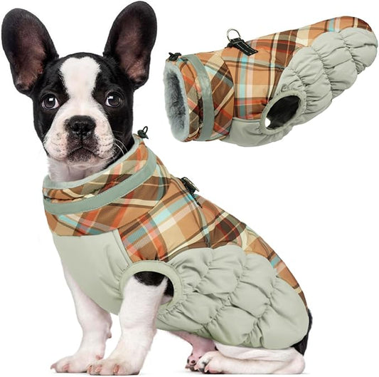 Lelepet Dog Coat Warm Dog Winter Coat Waterproof Dogs Jacket with Harness Built in Reflective Pet Fleece Vest Zip-Up Cold Weather Coats for Dogs Turtleneck & Windproof Coats Chihuahua Brown Plaid XS