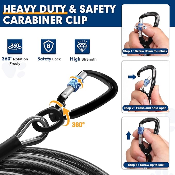 Snagle Paw Dog Tie Out Cable 15FT,Heavy Duty Dog Leads for Yard with Shock Absorbing Spring & Swivel Hook,Leash Cable for Outdoor Camping,Dog Line for Small Large Dogs,withstand 1000LBS Break Strength