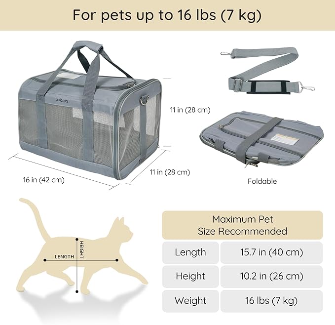 BELLA & PAL Cat Carrier Travel Bag, Airline Approved Lightweight Cat Carrier, Soft Sided Pet Carrier for Puppy Dogs Up to 18lbs, Collapsible Kitten Bag with Removable Waterproof Mat, Ventilated Mesh